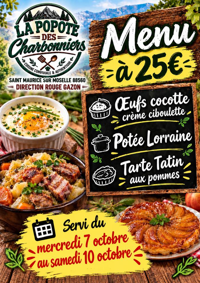 L'affiche de la formule à 25 € : œufs cocotte crème ciboulette, potée lorraine, tarte Tatin aux pommes