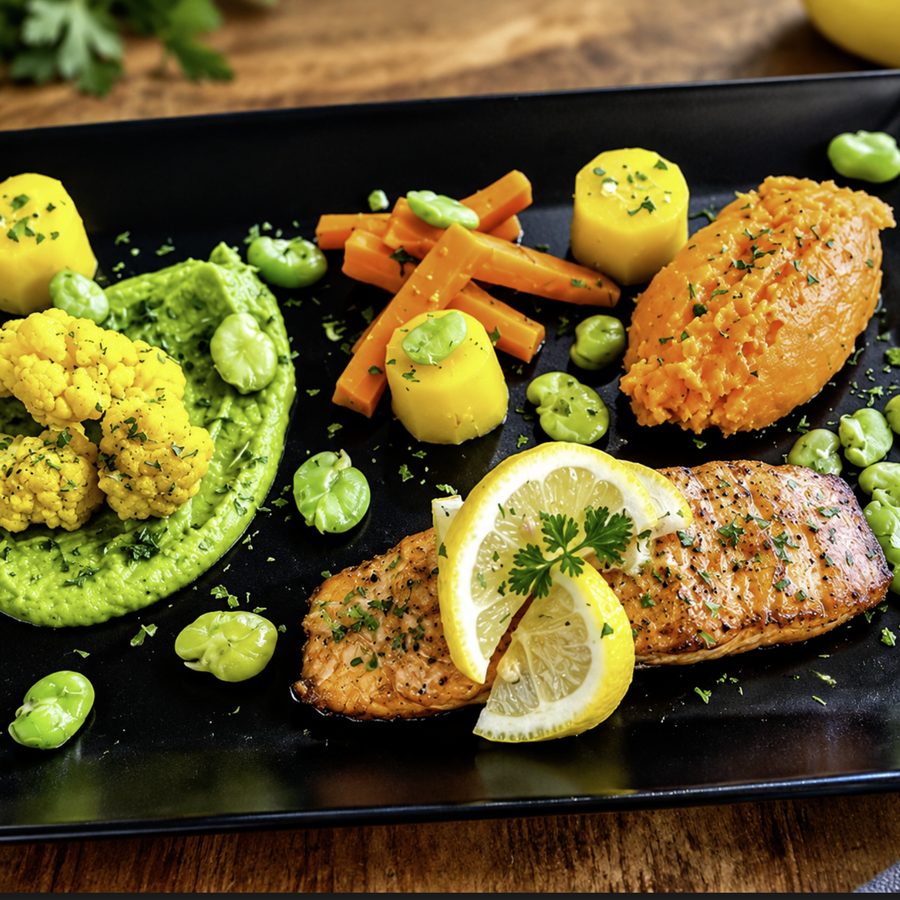 Poisson du moment, sauce beurre blanc et assortiment de légumes frais